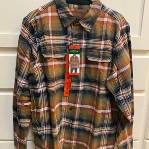 NWT Men's Orvis Button Up Flannel Shirt Jacket, Multi Color Brown Plaid, Medium